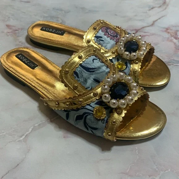 XOBZJH Evening Slides Rhinestone Sandal gold party shoes embroidery shoes 9.5 - Picture 8 of 13